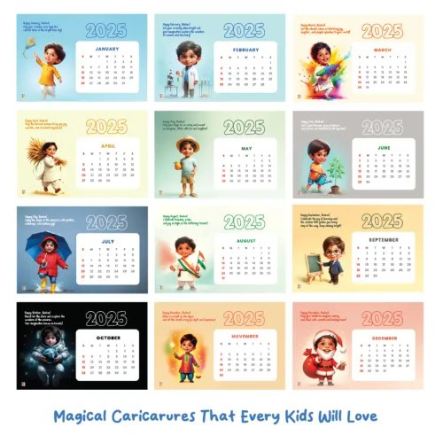 Personalised Calendar 2025 with Kids Caricature and Name