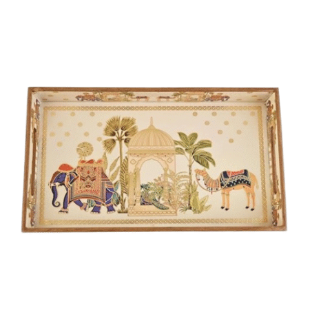 HomeShastra Wooden Serving Tray with Gold Engraving