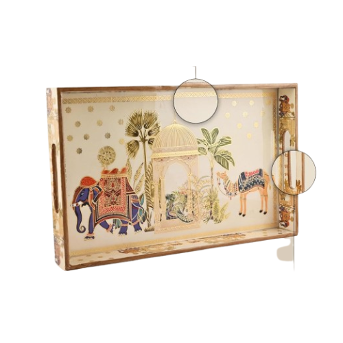 HomeShastra Wooden Serving Tray with Gold Engraving