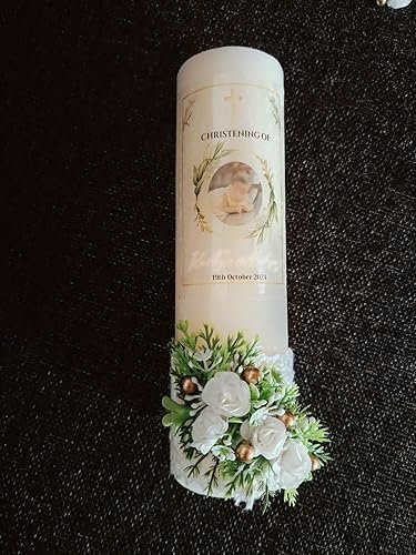 Baptism Candle + Artificial Rose Pollen Leaf Flower Crown (Baptism)